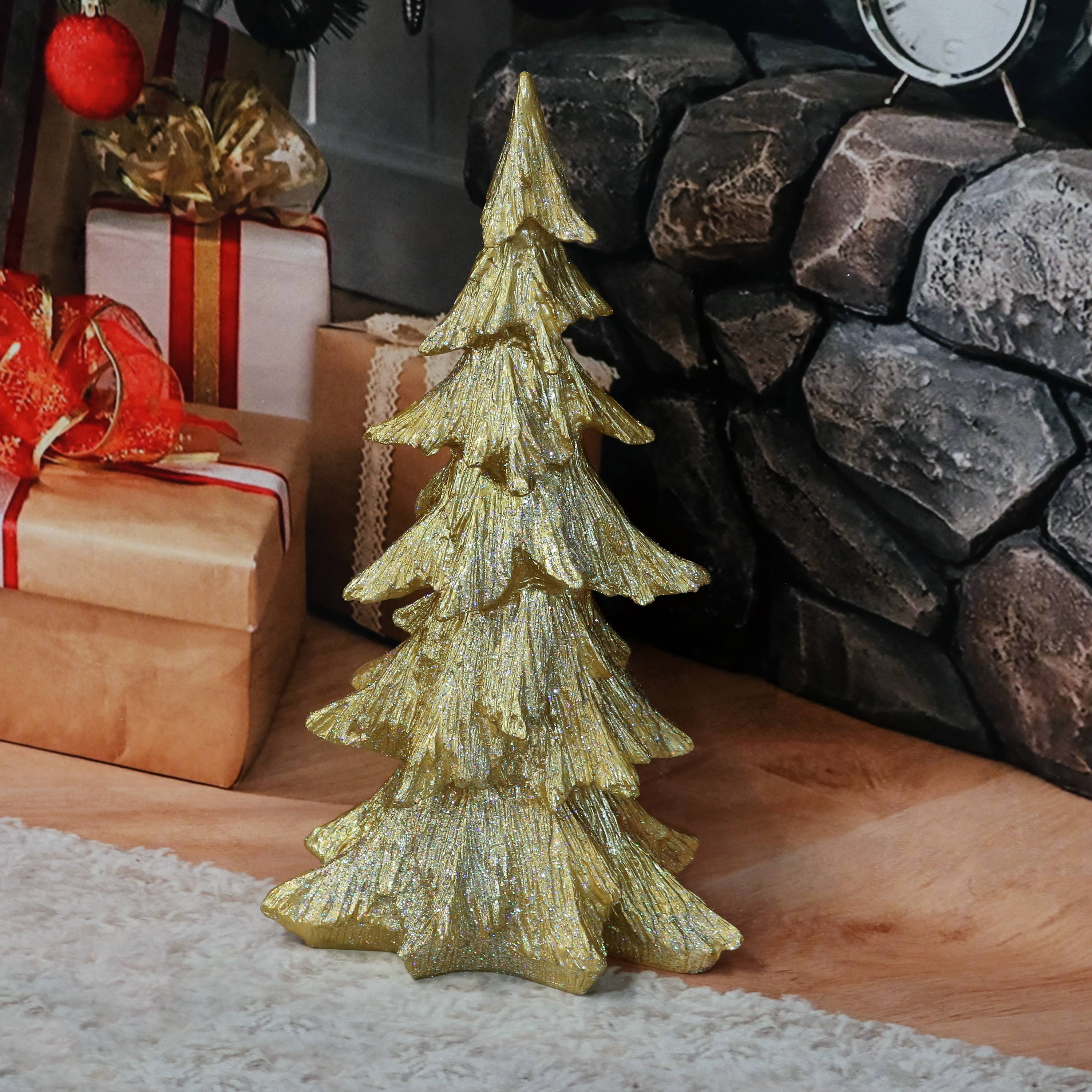 Sunnydaze Gold Sparkling Fir tree Statue Indoor/Outdoor Winter or Christmas Decor, Polyresin, 18,Inch